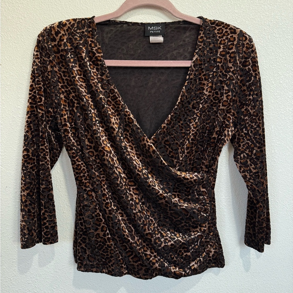 MSK Leopard Print Crossover Blouse Size Medium Petite - Picture 2 of 6